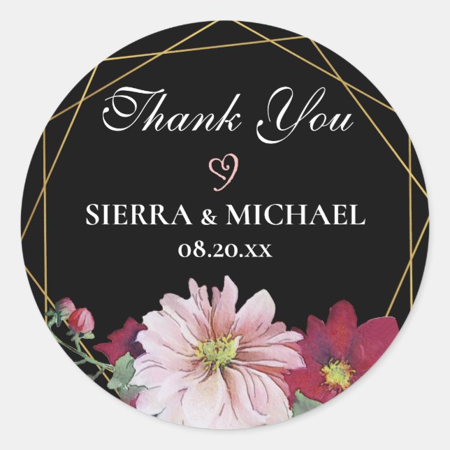 Adesivo Redondo Dourado Casamento Negro Blush Burgundy Obrigado