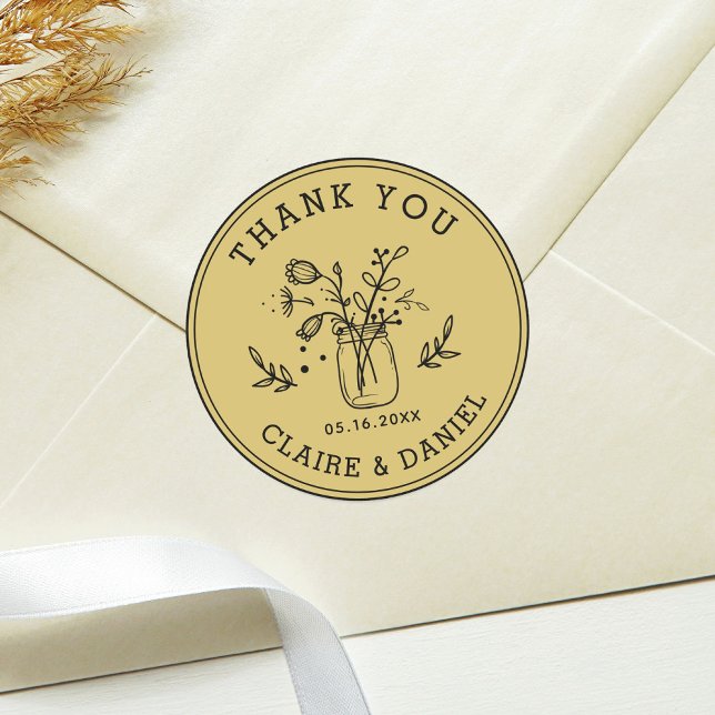 Adesivo Redondo Dourado Casamento Obrigado Mason Jar Flowers Cláss (Criador carregado)