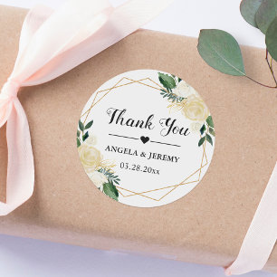 Adesivo Redondo Dourado Casamento Verde Floral Moderno Obrigado
