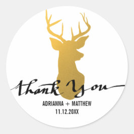 Adesivo Redondo Dourado cervo / Casamento Antler Obrigado Tipograf