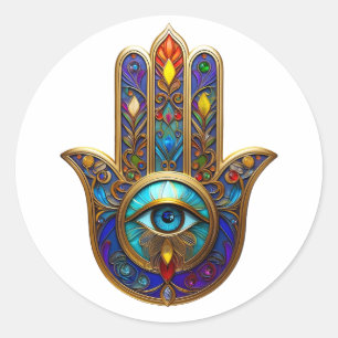 Adesivo Redondo Dourado Colorido Hamsa Turquesa Safira Terceiro Ol