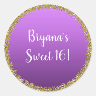 Adesivo Redondo Dourado com Brilho Roxo Glam Glitter Festa