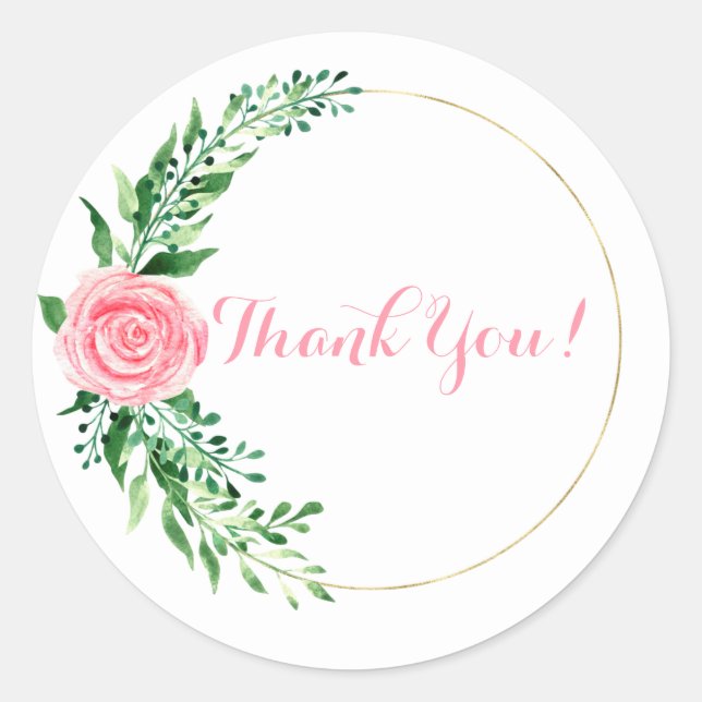 Adesivo Redondo Dourado Cor Flórida De Água, Rosa Elegante Obrigad (Frente)