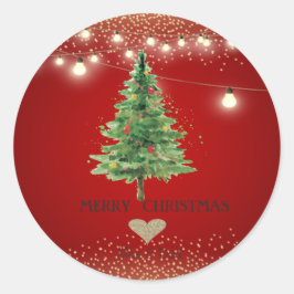 Adesivo Redondo Dourado Coração,Árvore de Natal Aquarela,Luzes Str