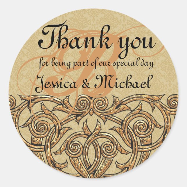 Adesivo Redondo Dourado Damask Personalizado Monograma Casamento F (Frente)