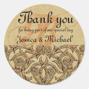 Adesivo Redondo Dourado Damask Personalizado Monograma Casamento F