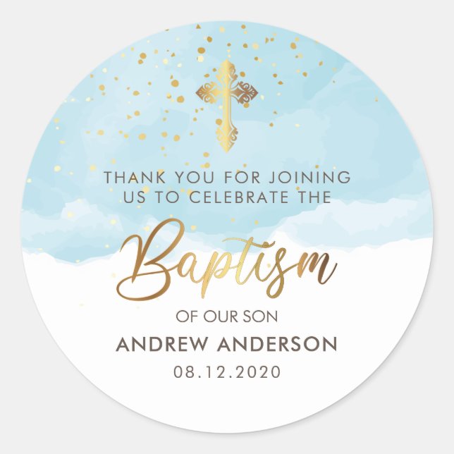 Adesivo Redondo Dourado E Azul Aquarela Menino Batismo Obrigado (Frente)