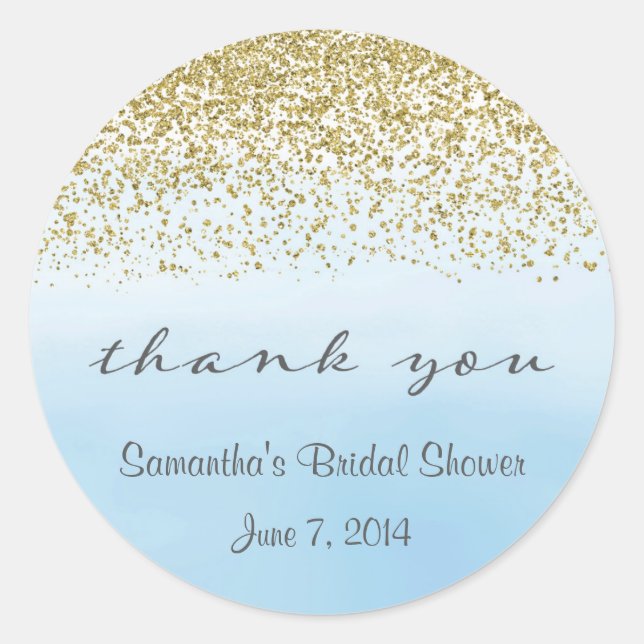 Adesivo Redondo Dourado e Azul, obrigado, palitos (Frente)