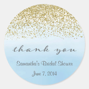 Adesivo Redondo Dourado e Azul, obrigado, palitos