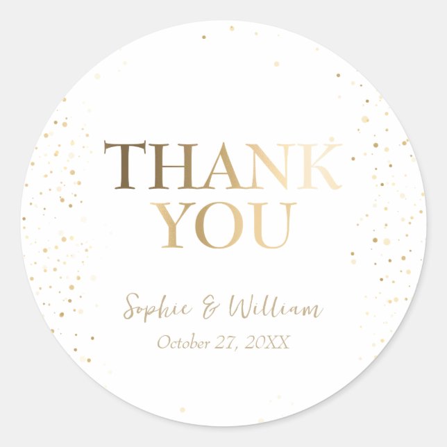 Adesivo Redondo Dourado e branco belo casamento elegante Obrigado (Frente)