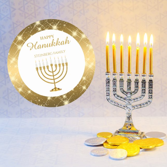 Adesivo Redondo Dourado e branco Menorah judia Feliz Hanukkah (Criador carregado)