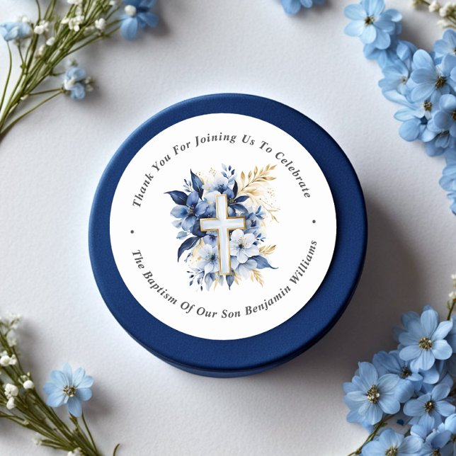 Adesivo Redondo Dourado e Marinho Batismo Azul De Aquarela Obrigad (Criador carregado)