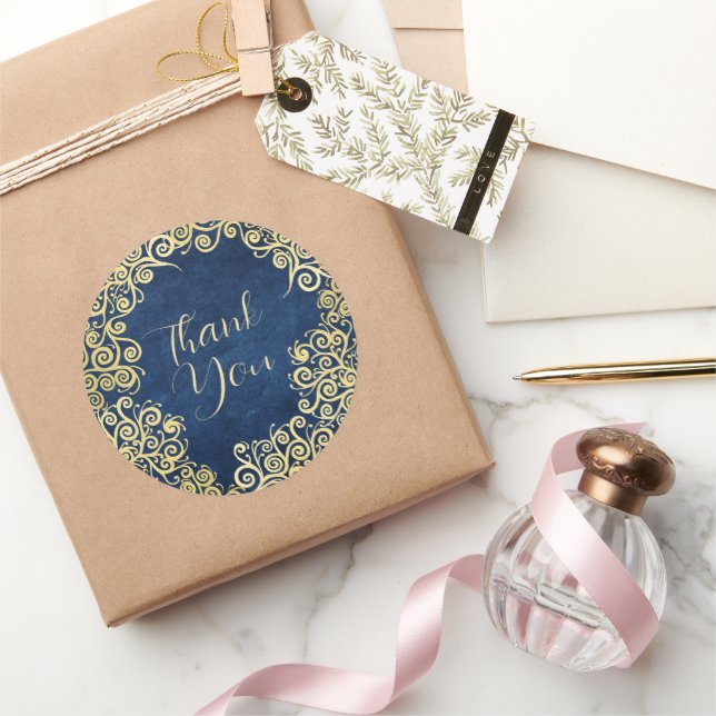 Adesivo Redondo Dourado e Marinho Blue Swirls Classy Boho Obrigado (Presentear)