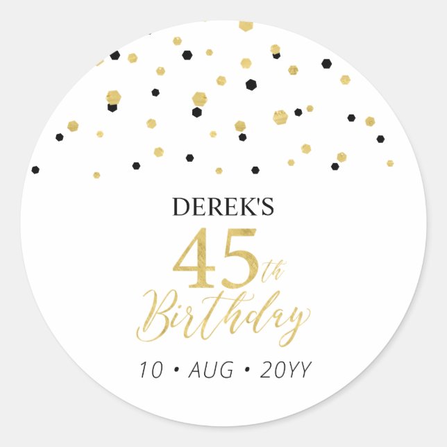 Adesivo Redondo Dourado e Preto 45º Aniversário Favor Obrigado (Frente)