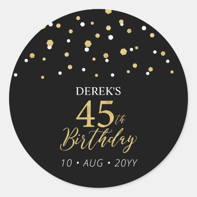 Adesivo Redondo Dourado e Preto 45º Aniversário Favor Obrigado (Frente)