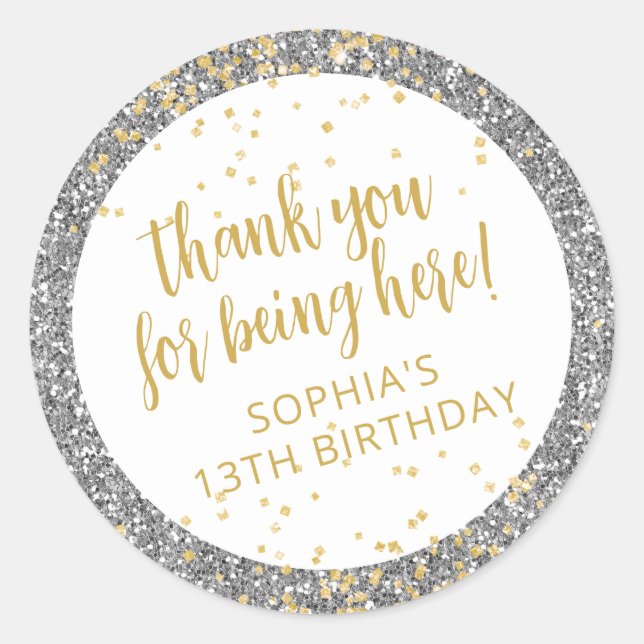Adesivo Redondo Dourado e Silver Glitter Obrigado Aniversário (Frente)