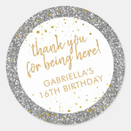 Adesivo Redondo Dourado e Silver Glitter Obrigado Aniversário