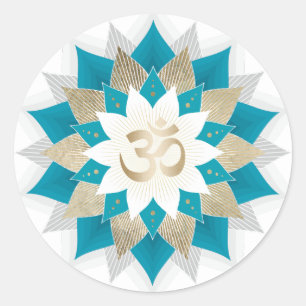 Adesivo Redondo Dourado e Teal Lotus Floral Namaste Yoga Om Sinal
