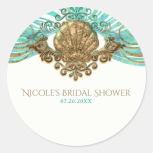 Adesivo Redondo Dourado e Teal Sea Shell Glam Beach Elegant Favor