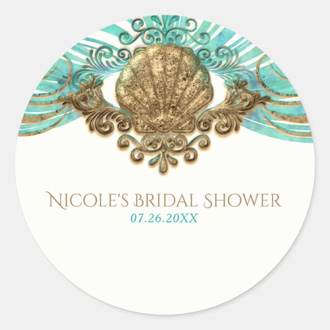 Adesivo Redondo Dourado e Teal Sea Shell Glam Beach Elegant Favor (Frente)
