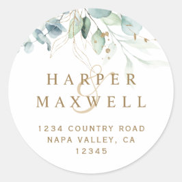 Adesivo Redondo Dourado e Verde Endereço de Devolução de Casamento