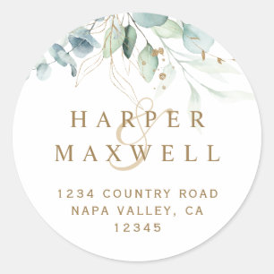 Adesivo Redondo Dourado e Verde Endereço de Devolução de Casamento