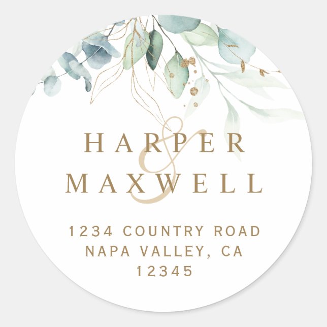 Adesivo Redondo Dourado e Verde Endereço de Devolução de Casamento (Frente)