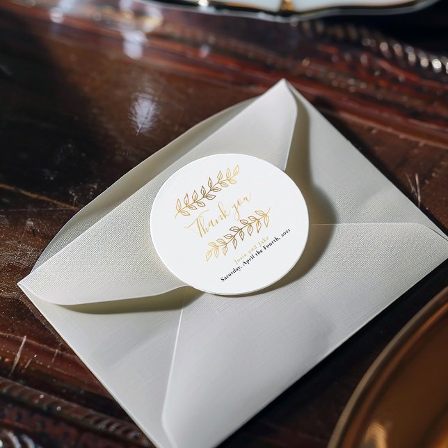 Adesivo Redondo Dourado efeito folhas e galhos obrigado de casamen (These gold effect pretty leaves and branches wedding thank you stickers)