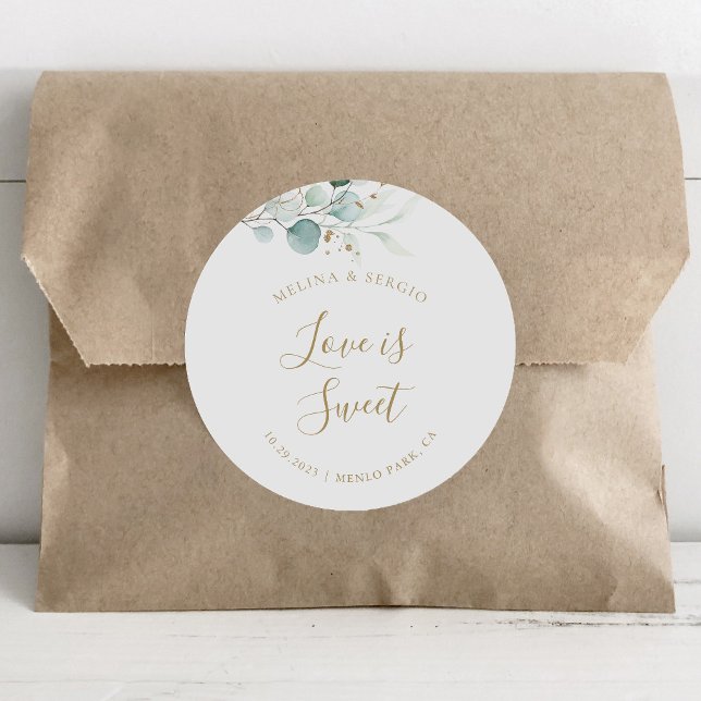 Adesivo Redondo Dourado Eucalyptus Wedding Love é doce (Criador carregado)