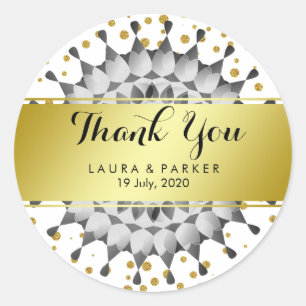 Adesivo Redondo Dourado Faux Foil Glitter Obrigado Floral De Casam