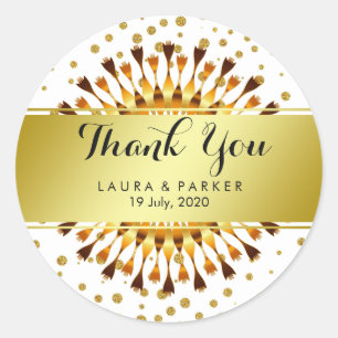 Adesivo Redondo Dourado Faux Foil Glitter Obrigado Floral De Casam