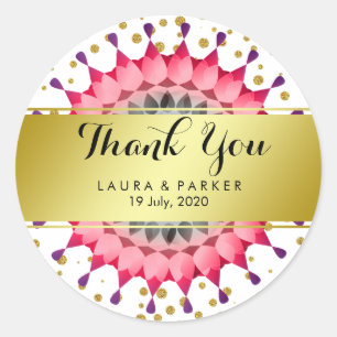 Adesivo Redondo Dourado Faux Foil Glitter Obrigado Floral De Casam