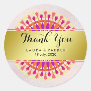 Adesivo Redondo Dourado Faux Foil Glitter Obrigado Floral De Casam