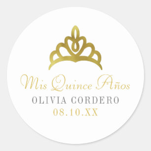Adesivo Redondo Dourado Faux Foil Tiara Quinceañera
