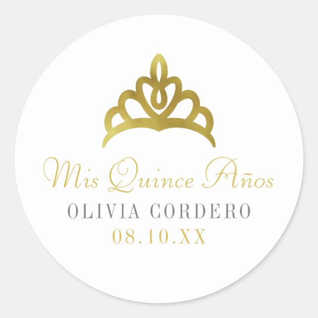 Adesivo Redondo Dourado Faux Foil Tiara Quinceañera (Frente)