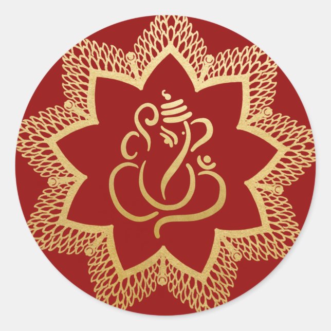 Adesivo Redondo Dourado Festivo Ganesh | Ronda Clássica Vermelha d (Frente)