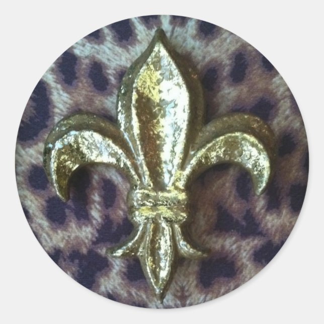 ADESIVO REDONDO DOURADO FLEUR-DE-LIS COM QUADRO LEOPARD (Frente)