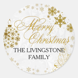 Adesivo Redondo Dourado Floco de Neve Vestido de Natal Feliz