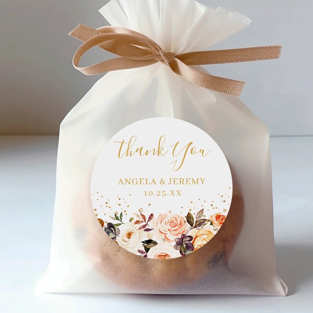 Adesivo Redondo Dourado Floral do outono elegante Obrigado (Seal envelopes, embellish favor bags, or accent your event decor with these versatile stickers.)