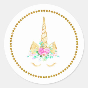 Adesivo Redondo Dourado Floral Unicorn Sticker