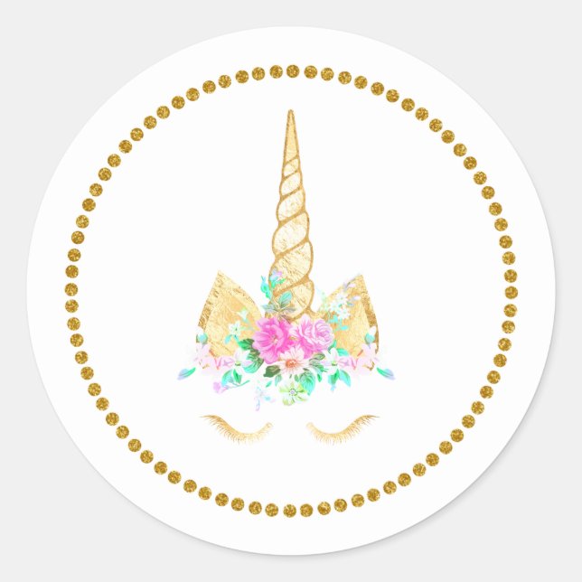Adesivo Redondo Dourado Floral Unicorn Sticker (Frente)