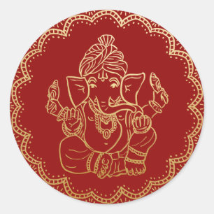 Adesivo Redondo Dourado Ganesh   Casamento Vermelho de Deus Indian
