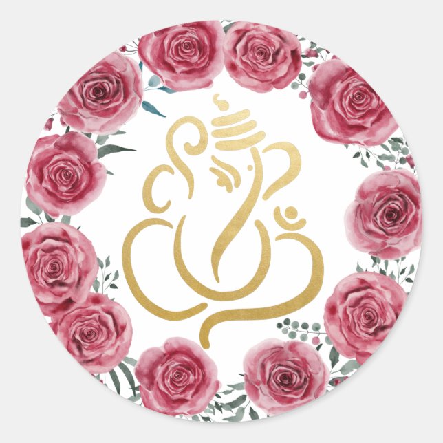 Adesivo Redondo Dourado Ganesh | Indian God Rosa vermelha Wreath (Frente)