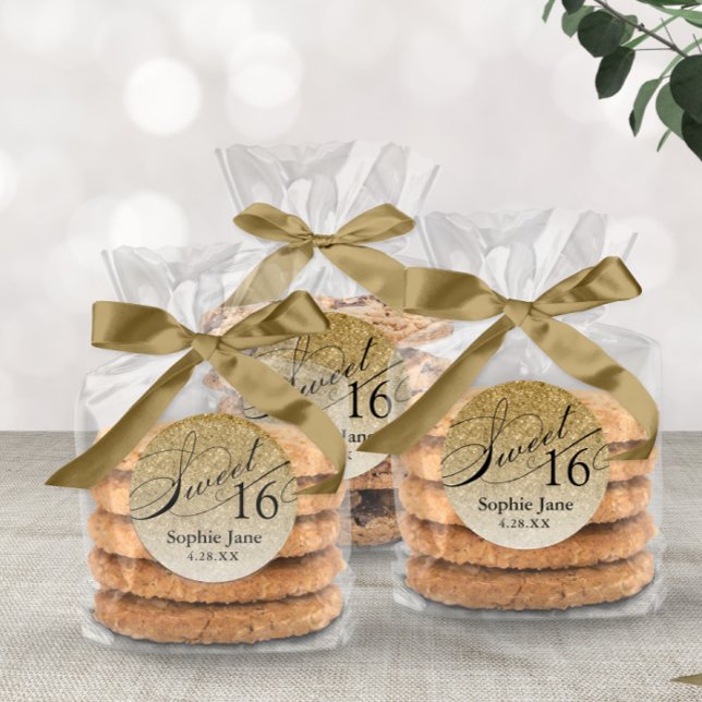 Adesivo Redondo Dourado Glam Glitter Sweet 16 Personalizado (Criador carregado)