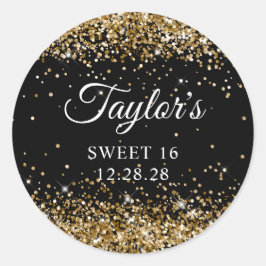 Adesivo Redondo Dourado Glitter Black Sweet 16