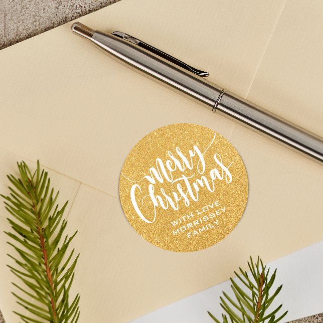Adesivo Redondo Dourado Glitter Impressão Feliz Natal Personalizad (Gold Glitter Print Merry Christmas Personalized Classic Round Sticker)