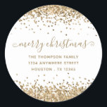 Adesivo Redondo Dourado Glitter Merry Christmas Name Endereço de d<br><div class="desc">Dourada Glitter Merry Christmas Name Return Address (Endereço de devolução de nome de Natal alegre). Personalize facilmente o texto.</div>