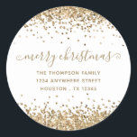 Adesivo Redondo Dourado Glitter Merry Christmas Name Endereço de d<br><div class="desc">Dourada Glitter Merry Christmas Name Return Address (Endereço de devolução de nome de Natal alegre). Personalize facilmente o texto.</div>