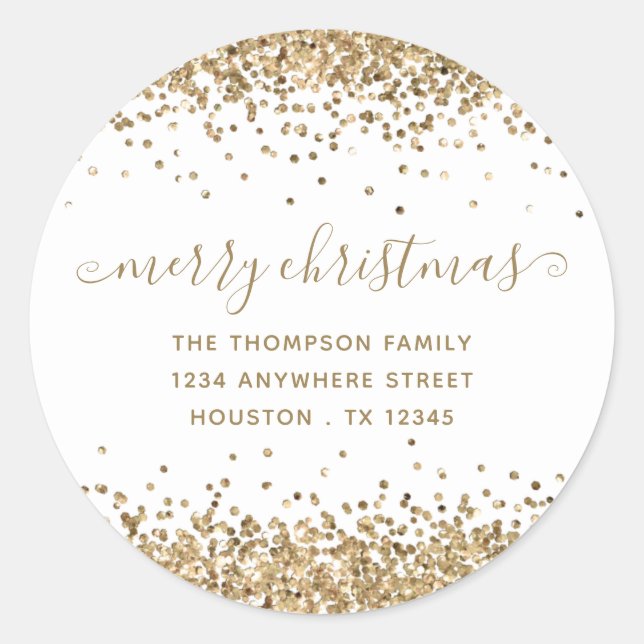 Adesivo Redondo Dourado Glitter Merry Christmas Name Endereço de d (Frente)