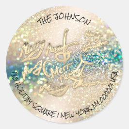 Adesivo Redondo Dourado Glitter Merry Christmas RSVP Endereço de d